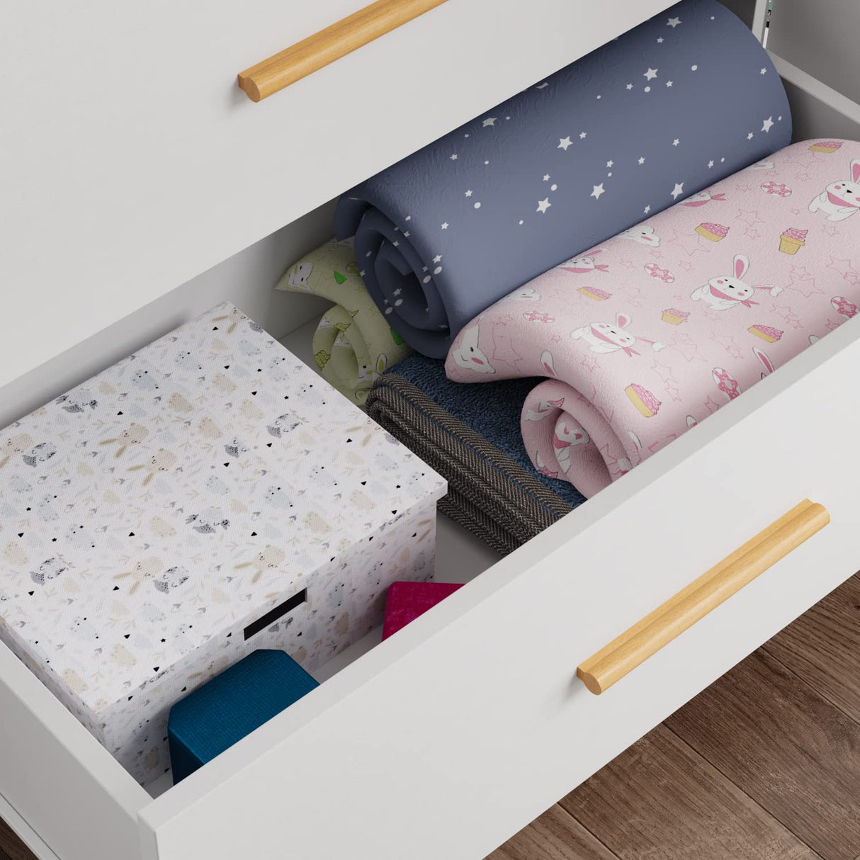 FUNISIR 4 Doors Bedroom Wardrobe, Wood Armoire with 2 Clothes Hanging Rails, 4 Storage Shelves and 2 Drawers, 63“ Wide Bedroom Storage Unit Clothes Organized Closet, White(70.9" H) FUNISIR