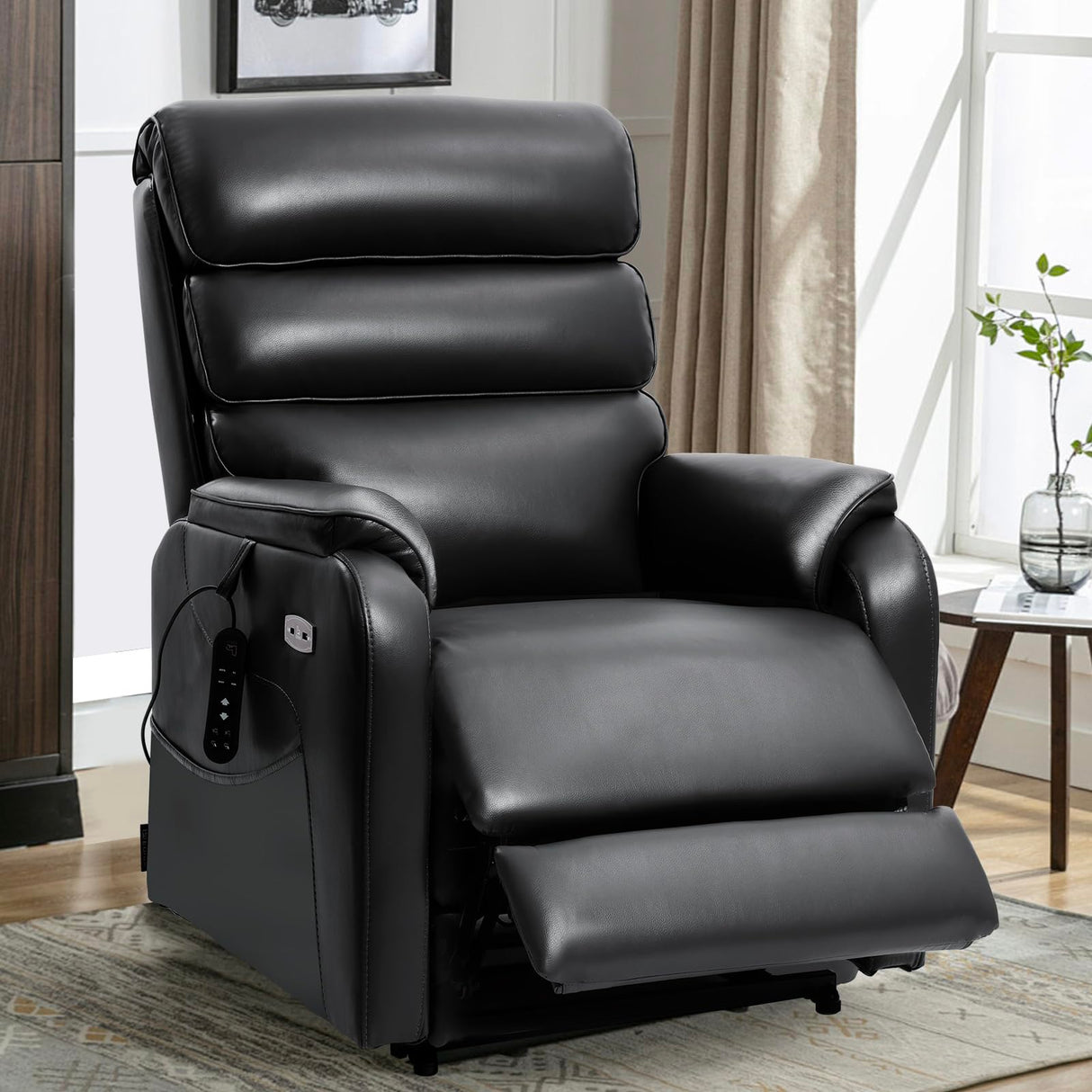 EONIX Dual Motor Lay Flat Power Lift Recliner Chair for Elderly, Faux Leather Electric Lift Chairs for Adults, 400lbs Heavy Duty Power Recliner with Heat Massage Charging Ports, SLRY003, Black EONIX