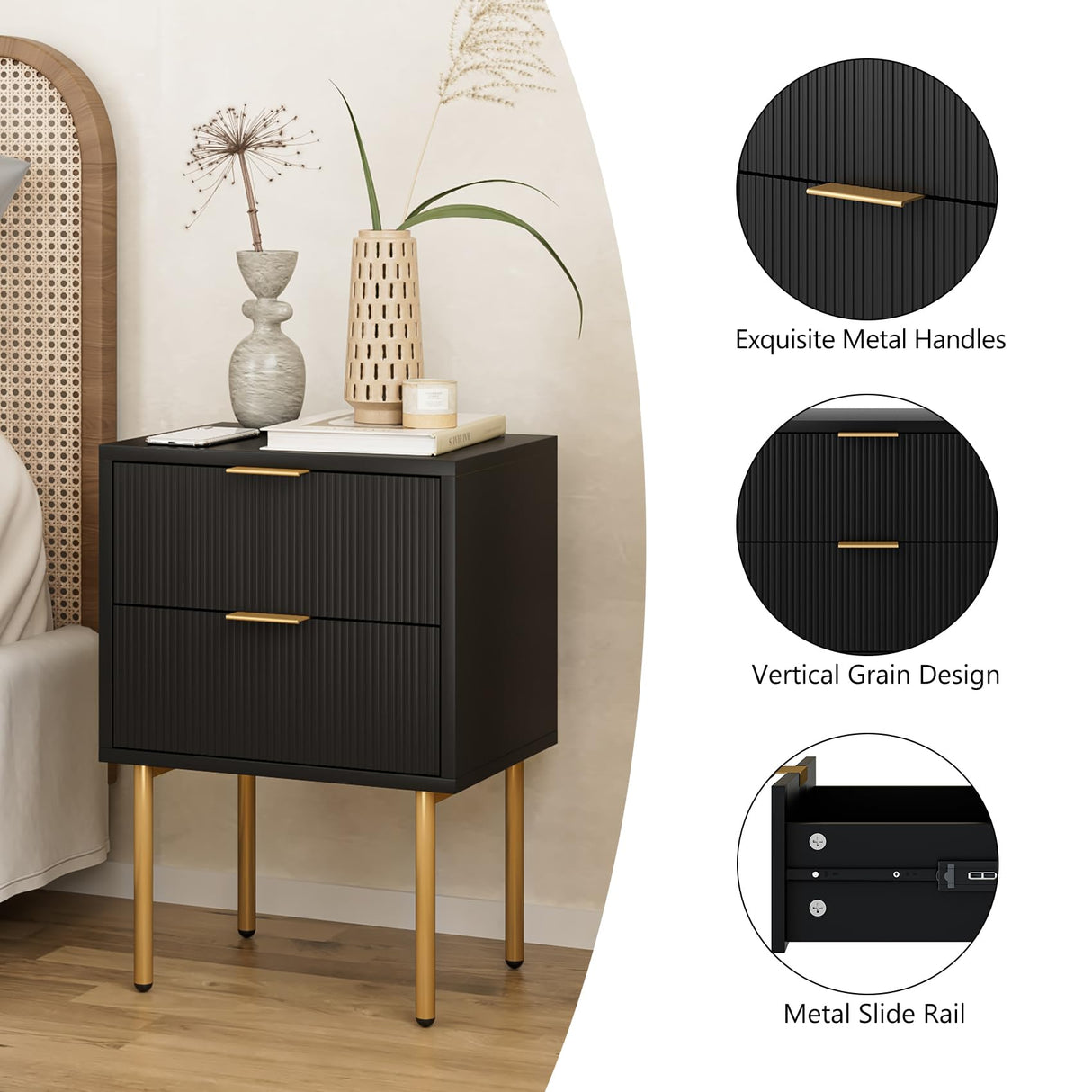 Aienvey Nightstand, Modern Night Stand with Drawers, Bedside Table, Gold Small Side Table for Bedroom, Living Room End Table (2 Drawers, Black Stripe) Aienvey