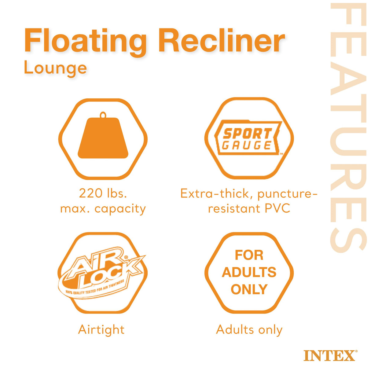 Intex Inflatable Lounge Pool Recliner Lounger Chair with Cup Holders - Heavy-Duty Float Raft for Adults, 220 Lb Capacity Large Floating Tanning Chair Intex