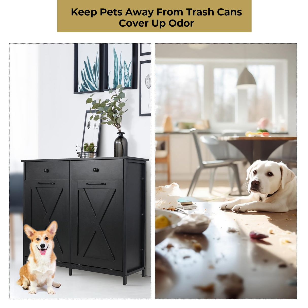 Arlopu Double Tilt Out Trash Cabinet, 20 Gallon Pet Proof Kitchen Pull Out Recycle Cabinet, Freestanding Wooden Laundry Sorter Cabinet, W/Drawer, Barn Door, for Home, Living Room, (Black) Arlopu