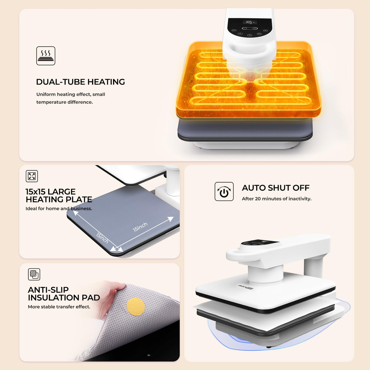 Swivel Auto Heat Press Machine, 15x15 Smart T-Shirt Press with Auto Release & 7-Level Auto Pressure, Higher Heating Height, Heats Up Fast and Evenly Heat for HTV, Sublimation, Heat Transfer Whubefy