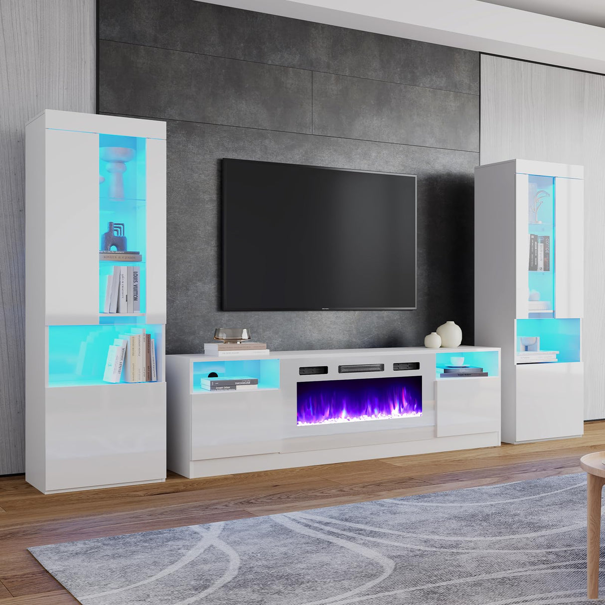 AMERLIFE Modern Highgloss Fireplace Entertainment Center Set, Includes 80" Fireplace TV Stand & 2 LED Highlight Bookcases, Fireplace Storage Cabinets for TVs up to 90", White AMERLIFE