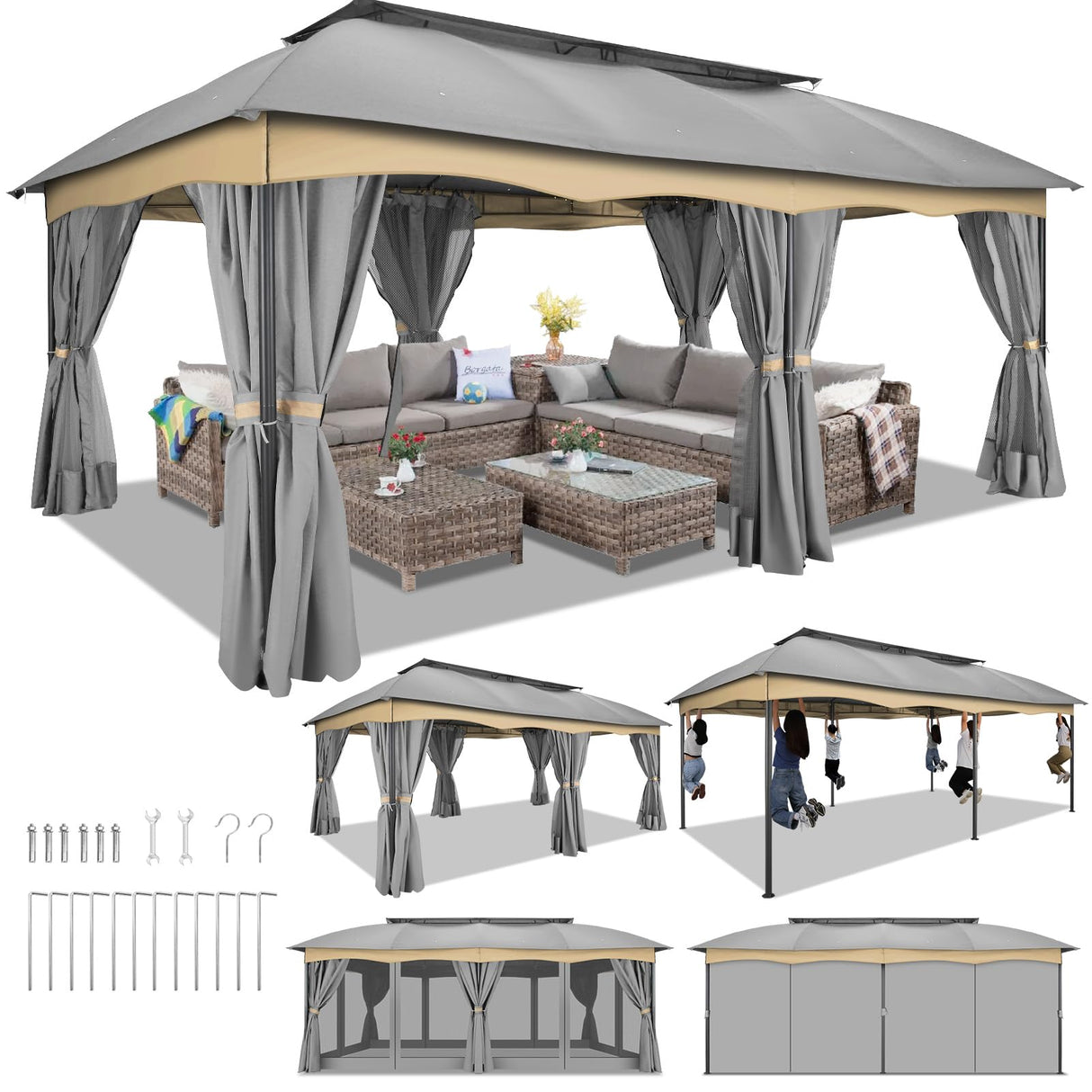 HOTEEL Gazebo 12x20, Outdoor Gazebo on Clearance with Double Ventilated Flat Roof, Privacy Curtains & Mosquito Netting, Easy Set up Canopy Tent with Stable Metal Frame for Patio, Gray (Upgraded 2.0) Hoteel