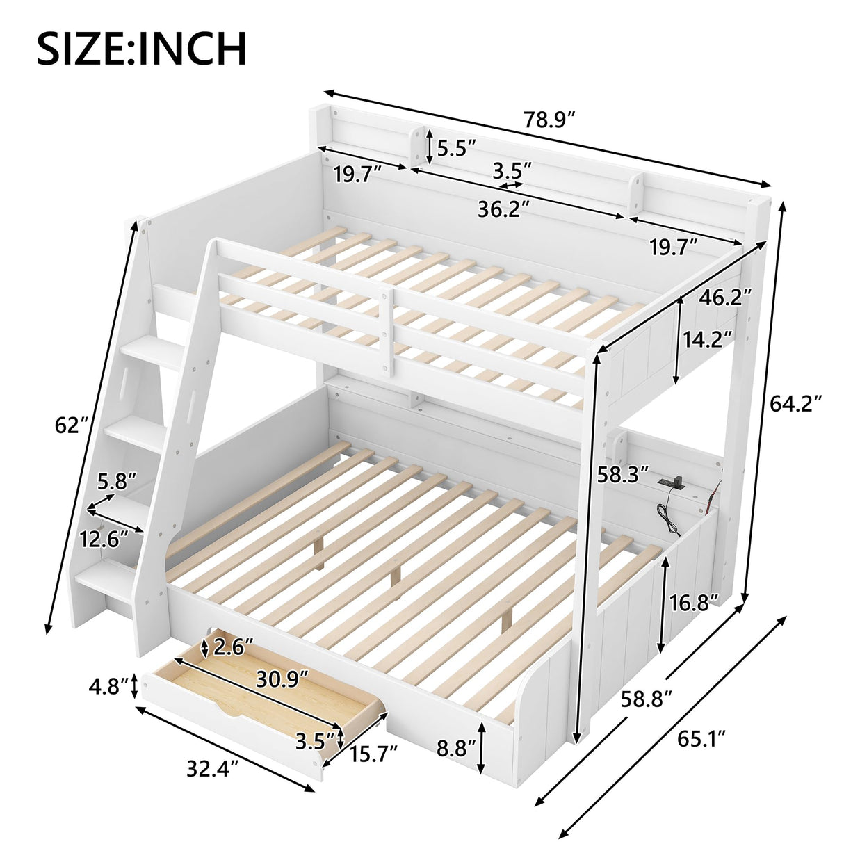 Twin Over Full Bunk Bed with Storage Shelves,LED, Charging Station and a Drawer,for Kids Teens Adults Bedroom Use (White#LED, Twin Over Full) KLMM