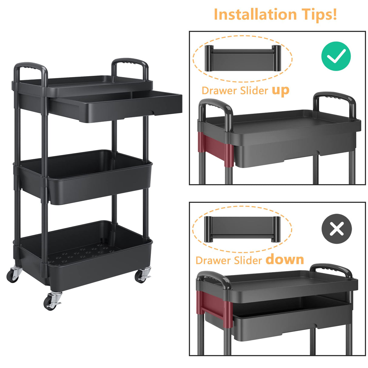 Calmootey 3-Tier Rolling Utility Cart with Drawer,Multifunctional Storage Organizer with Plastic Shelf & Metal Wheels,Storage Cart for Kitchen,Bathroom,Living Room,Office,Black Calmootey