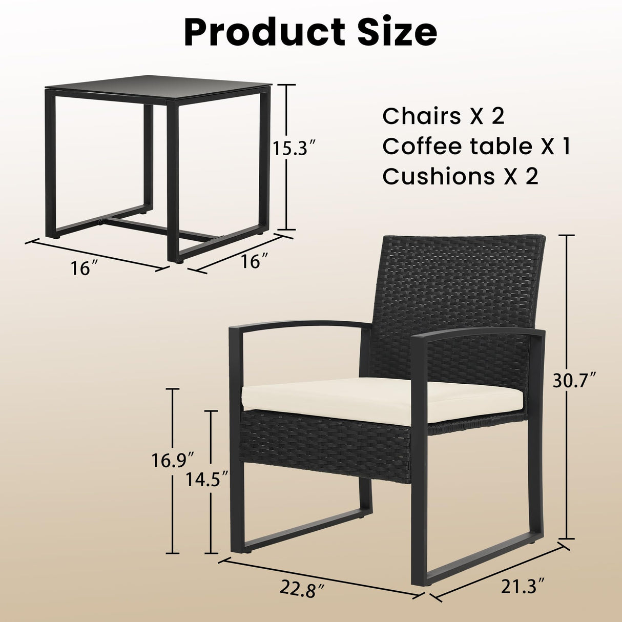 Murago 3 Pieces Wicker Patio Bistro Sets, Rattan Conversation Set with Coffee Table, for Balcony, Porch, Garden, Yard, Poolside, Black Frame with Beige Cushion Murago