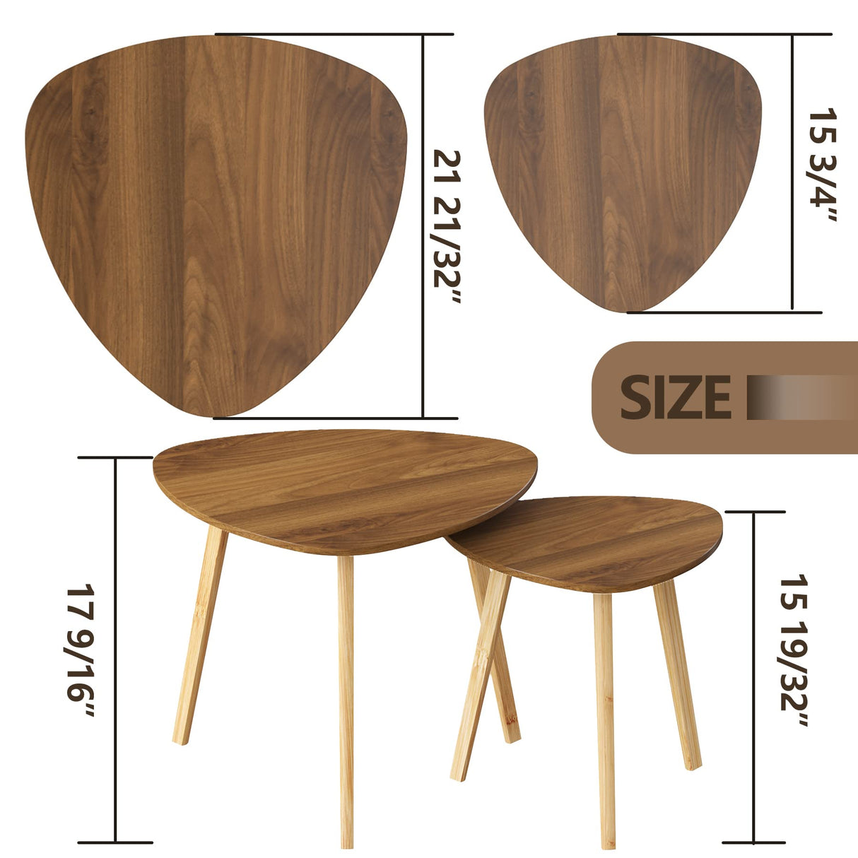 BAMEOS Bamboo Nesting Triangle End Table,Set of 2 Coffee Table Modern Minimalist Side Table for Living Room (Walunt) BAMEOS