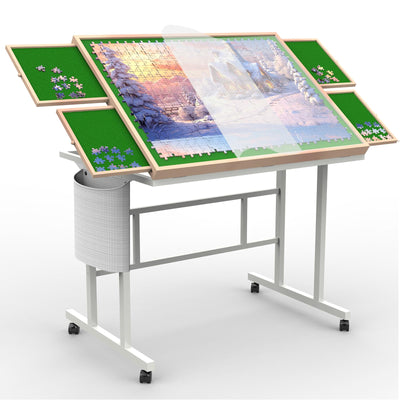 Doerpuz Jigsaw Puzzle Table 1500pcs,Puzzle Table with Legs and Storage Pocket,5 Adjustable Up Level Puzzle Tables for Adults,Puzzle Table with Drawers and Wheels,Wooden and Green Color