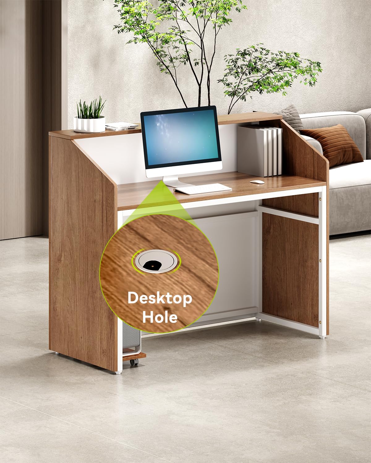 LITTLE TREE 47-Inch Reception Desk with Counter, Oak Front Desk Reception Room Table, Retail Counter for Checkout, Modern Welcome Desk for Lobby, Office, Beauty Salon LITTLE TREE