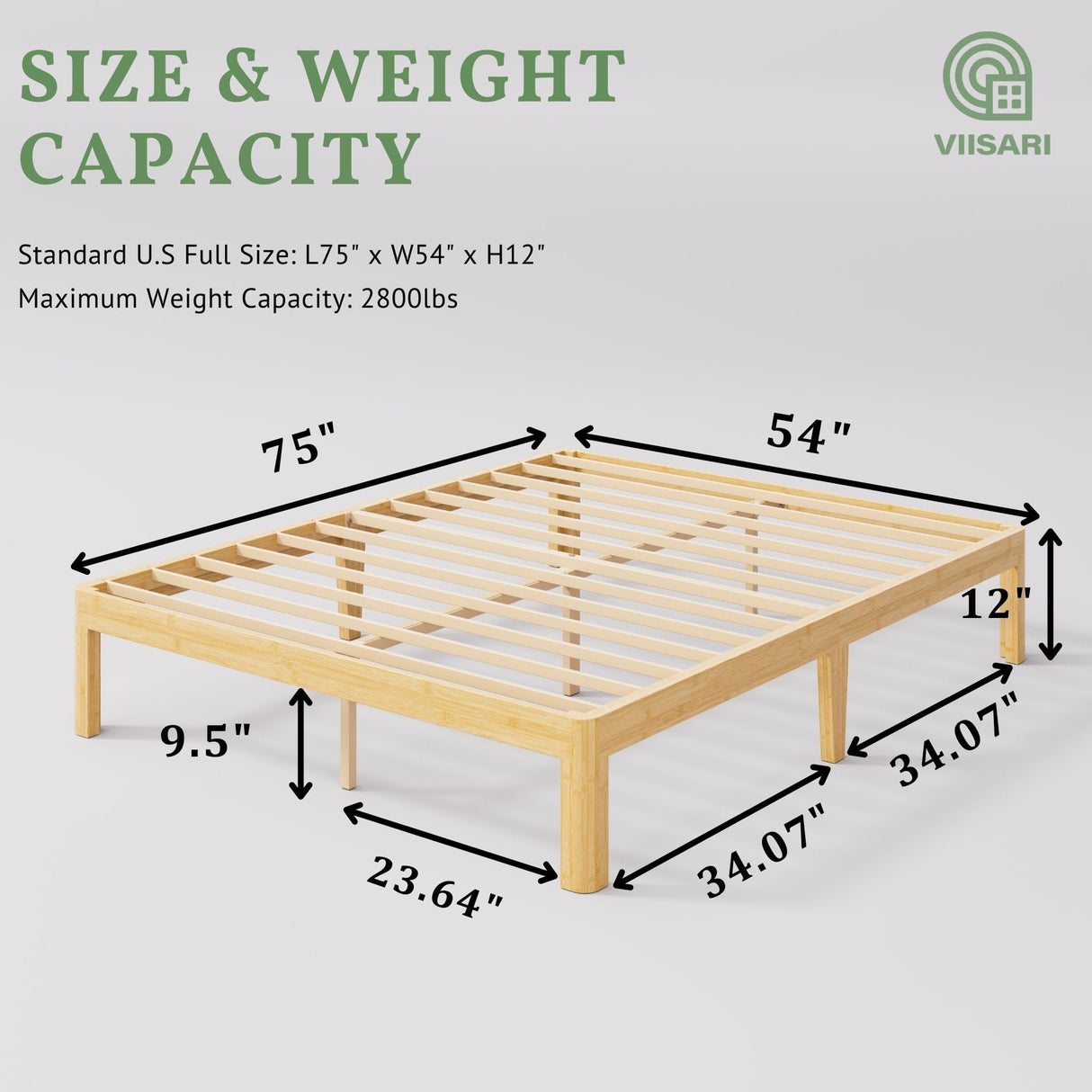 Viisari Bamboo Wood Bed Frame Full with Steel Slats, 12 Inch Platform Full Size Bed Frame No Box Spring Needed, Solid Foundation, Easy Assembly, Ample Under-Bed Storage, Noise-Free Viisari