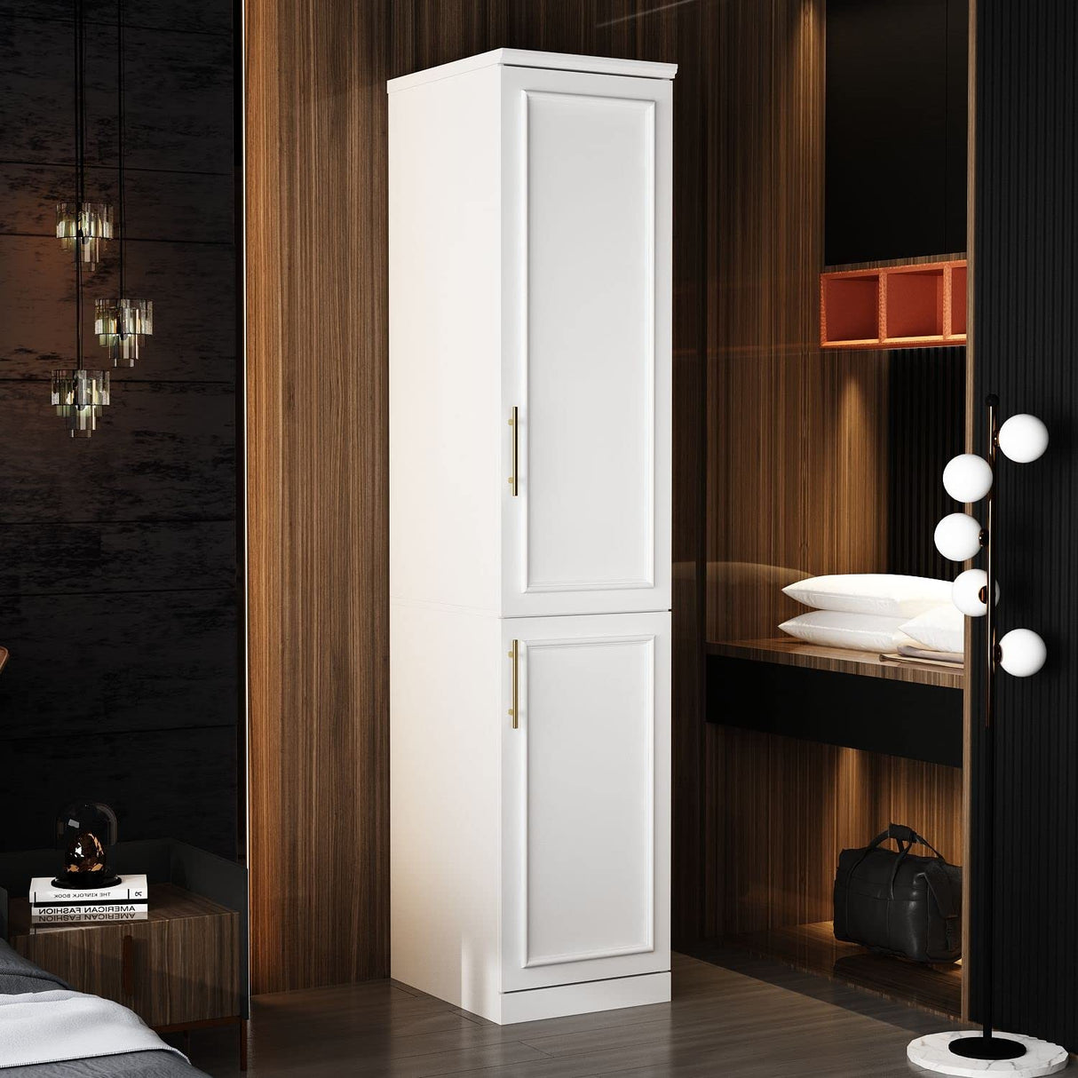 FAMAPY 2 Door Wardrobe Tall and Narrow Armoire Wardrobe with Hanging Rod, Gold Metal Handles, Closet for for Bedroom White (15.7”W x 19.3”D x 74.9”H) FAMAPY