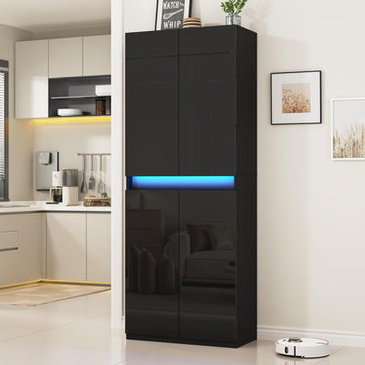 Furnify 71" Tall Pantry Storage Cabinet, Kitchen Pantry with High Gloss Doors, Modern Buffet Hutch Cabinet with Led Light and Adjustable Shelves for Dining Room, Living Room, Black