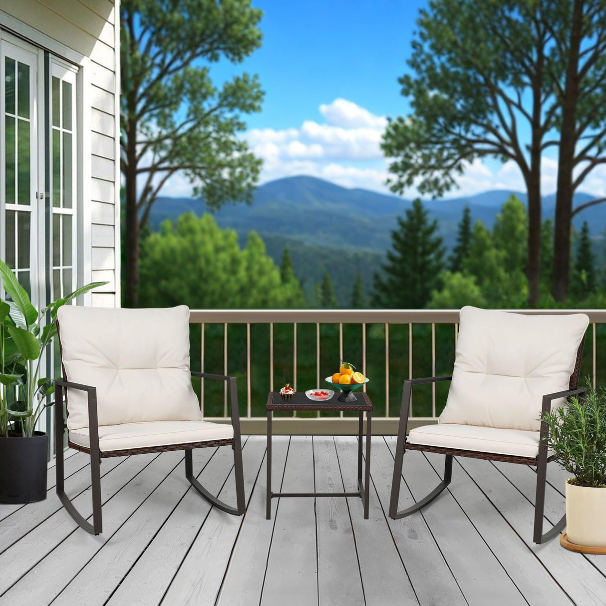 SUNCROWN 3-Piece Patio Bistro Set Outdoor Rocking Chairs Set Brown Wicker Porch Chairs with Glass Coffee Table, Beige Cushion SUNCROWN