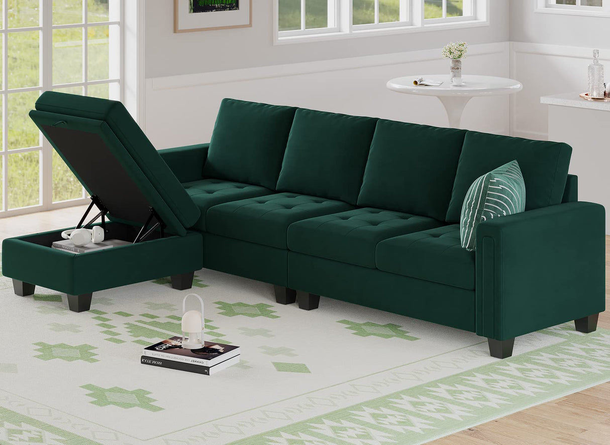Belffin Velvet Reversible Sectional Sofa with Chaise Convertible L Shaped 4-seat Sectional Couch with Storage Ottoman Green Belffin