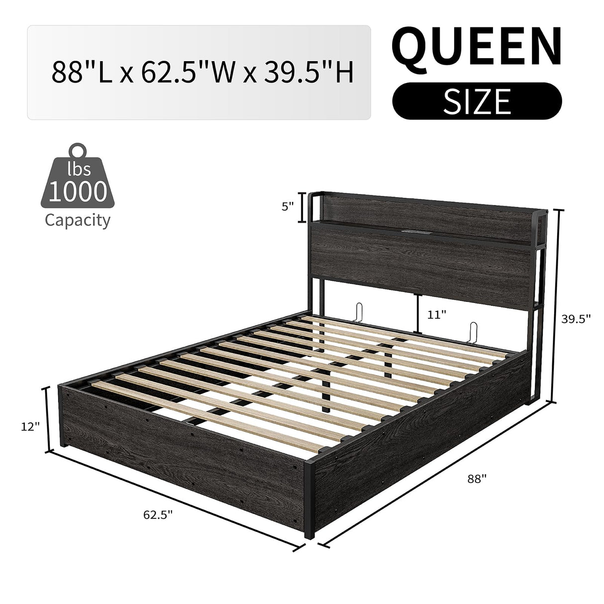 LUXOAK Queen Size Black Lift Up Storage Bed with Charging Headboard and Easy Assembly LUXOAK