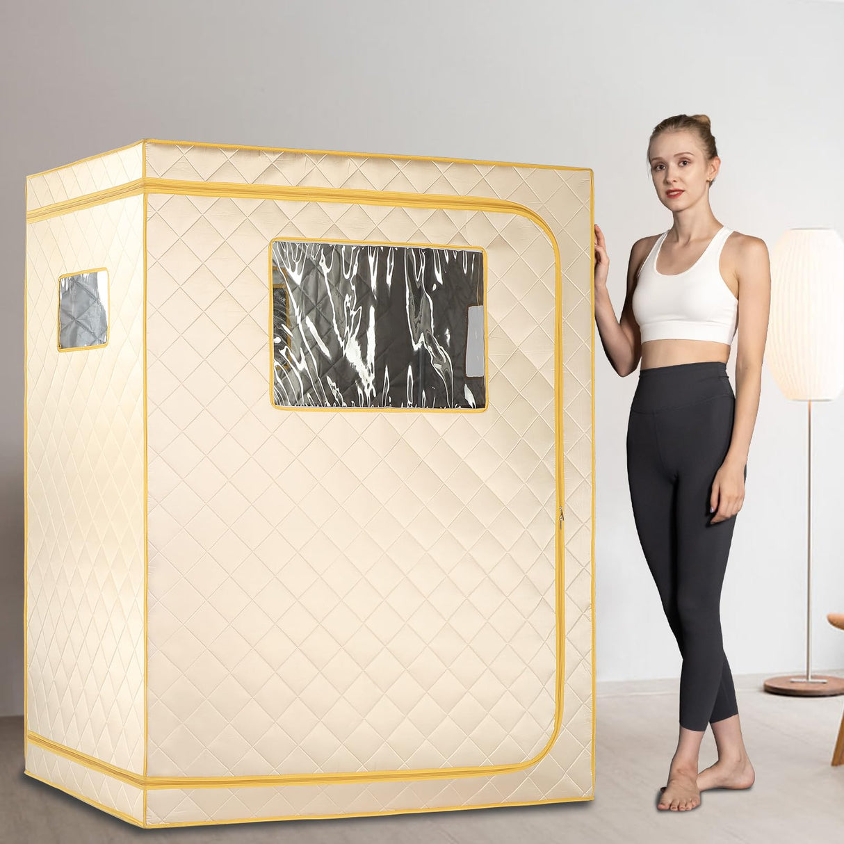 Smartmak Full Size Far Infrared Sauna, Two Person Home SPA with Time & Temperature Remote, Chairs, Light, Oversized 1 or 2 Person Privacy Indoor Saunas for Relaxation, BeigeGold Smartmak