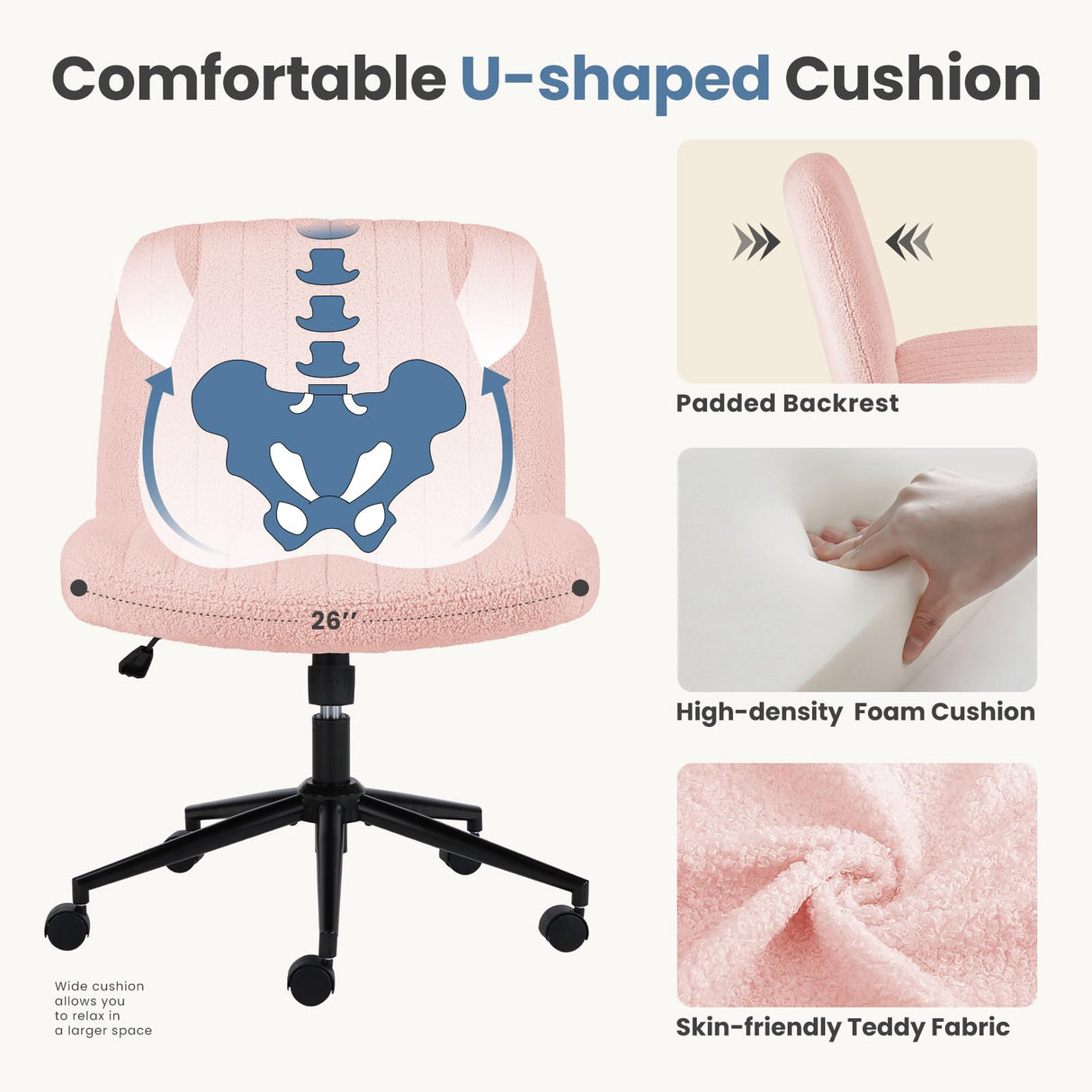 DUMOS Criss Cross Chair with Wheels, Legged Office Armless Wide Desk Seat with Dual-Purpose Base, Adjustable Swivel Teddy Fabric Task Vanity Home Bedroom, Pink DUMOS