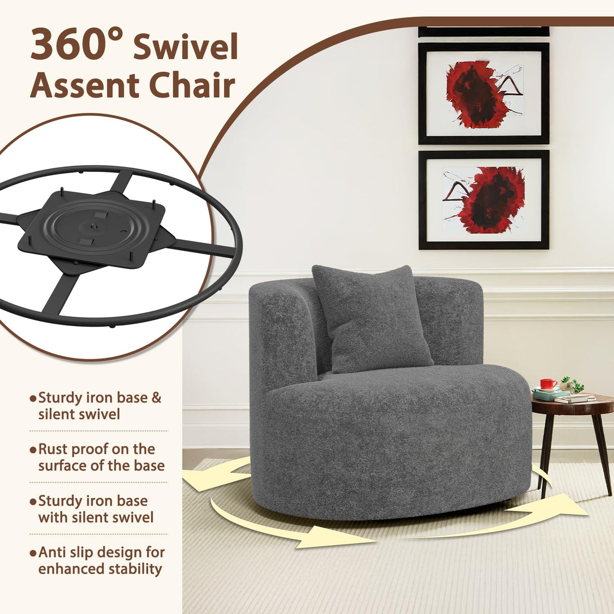 SGHATAJ Modern Swivel Accent Chair, 360-Degree Round Swivel Barrel Chair with Removable Pillow, Upholstered Boucle Accent Chairs for Living Room,Bedroom,Coffee Bar (Elegant Grey) SGHATAJ