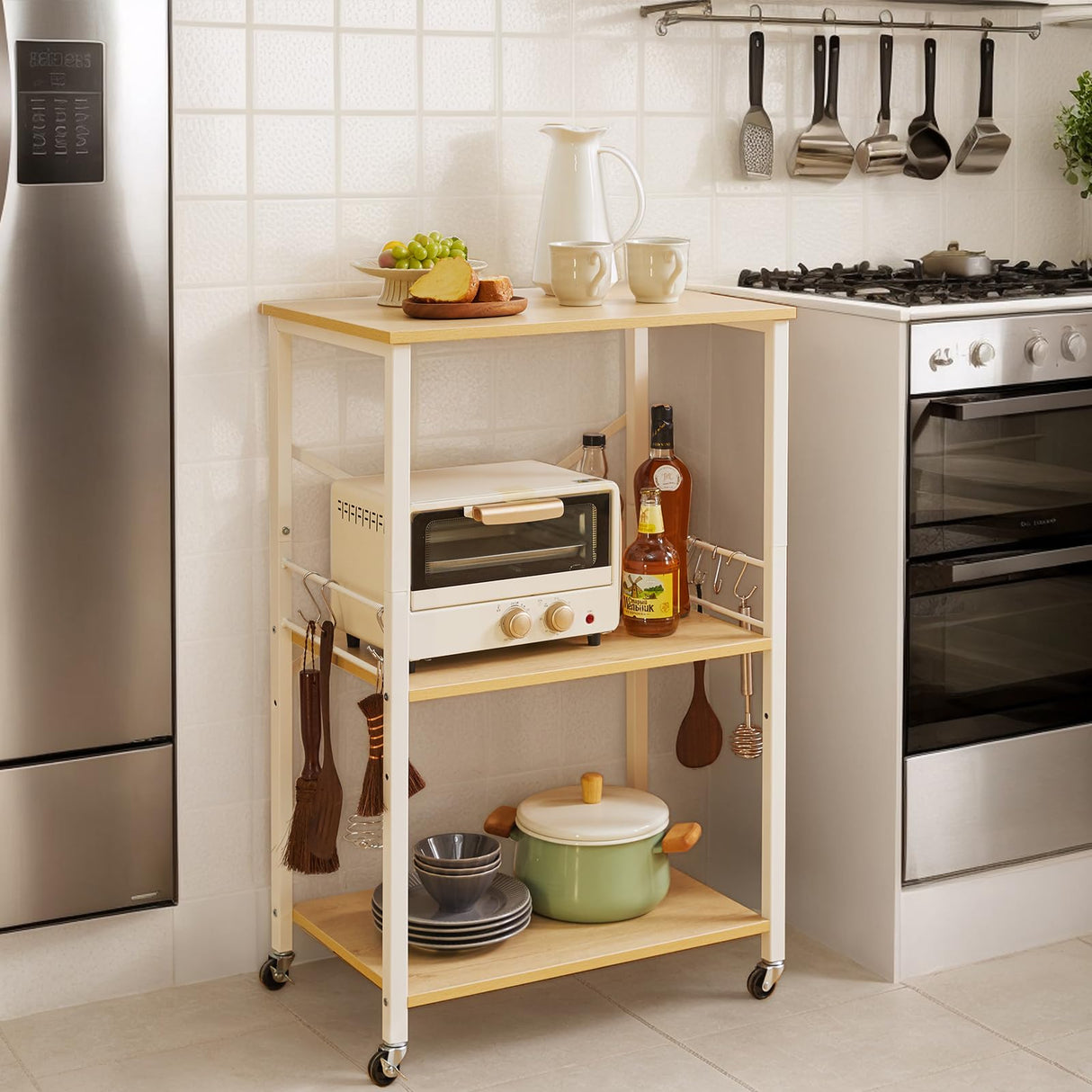 IBUYKE Kitchen Shelf Cart, 3-Tier Microwave Oven Stand, Baker’s Rack with Metal Frame and 8 Hooks, Industrial Printer Stand, Utility Standing Storage Shelf for Coffee Bar, Simple Assembly, TMJ023R IBUYKE