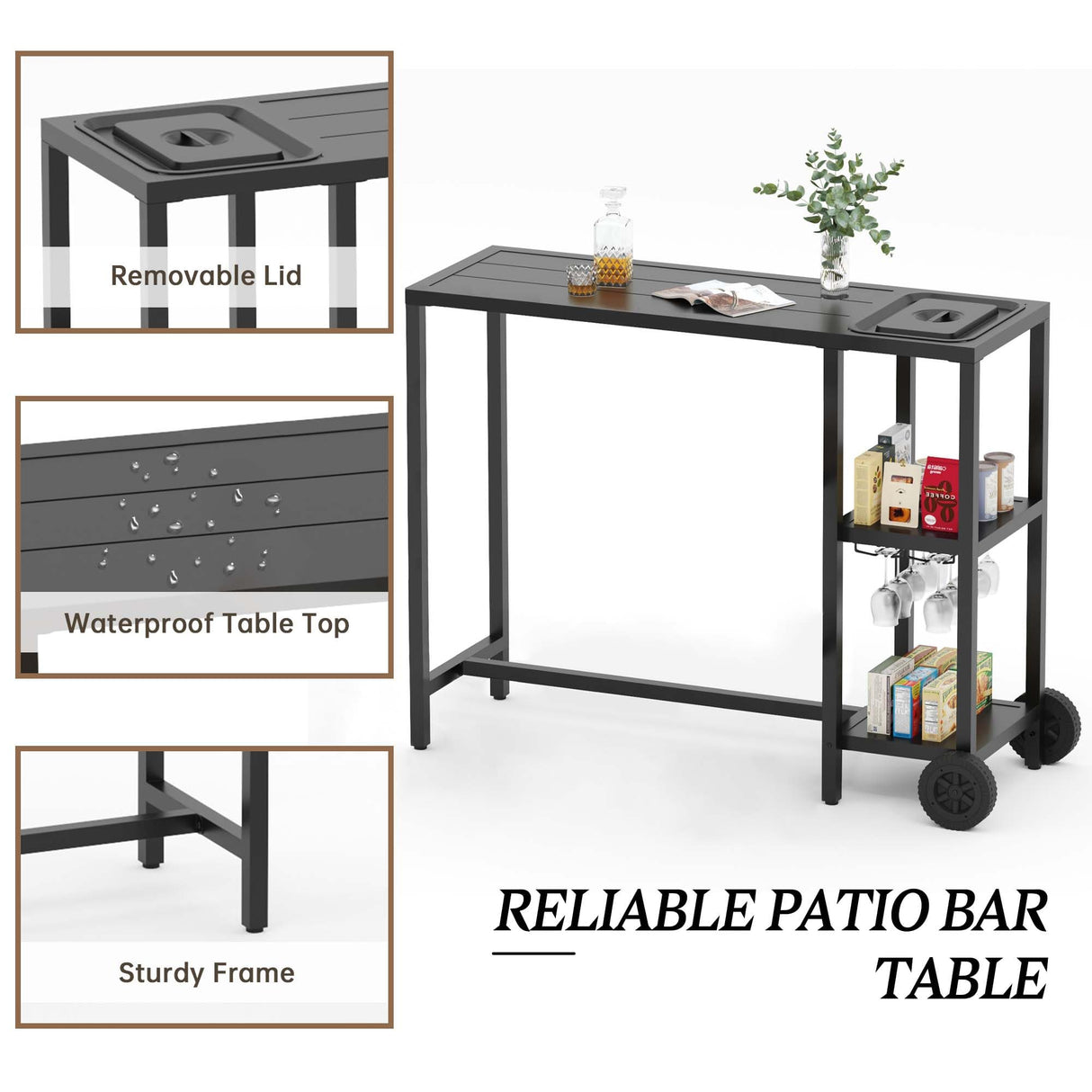 PIZZELLO 6 Piece Outdoor Patio Bar Set, 2 PCS 47" Rectangular Counter Height High Top Bar Tables with Wheels, 4 Cushioned Bar Stools, Metal Bar Table and Chairs Set for Balcony, Backyard, Porch PIZZELLO
