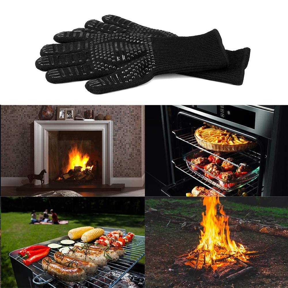 Heat Resistant BBQ Gloves for Hot Temperature Cooking, Barbecue Grilling or Baking Bread Pizza, Safe Oven Mittens with Fingers MOAMI