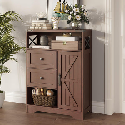 Fameill Farmhouse Storage Cabinet with 2 Drawers&Shelves,Freestanding Storage Cabinet with Doors&Open Storage,Floor Storage Cabinet for Living Room,Bathroom,Kitchen,Laundry,Red Walnut