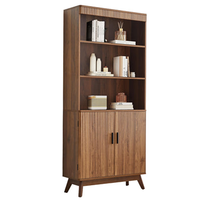 68" Fluted Tall Bookcase with Storage Cabinet,Mid-Century Modern 5-Tiers Arched Bookshelf Cabinet with Doors, Arched Bookcase with Open Display Storage Shelf for Home Office Bedroom Living Room,Walnut