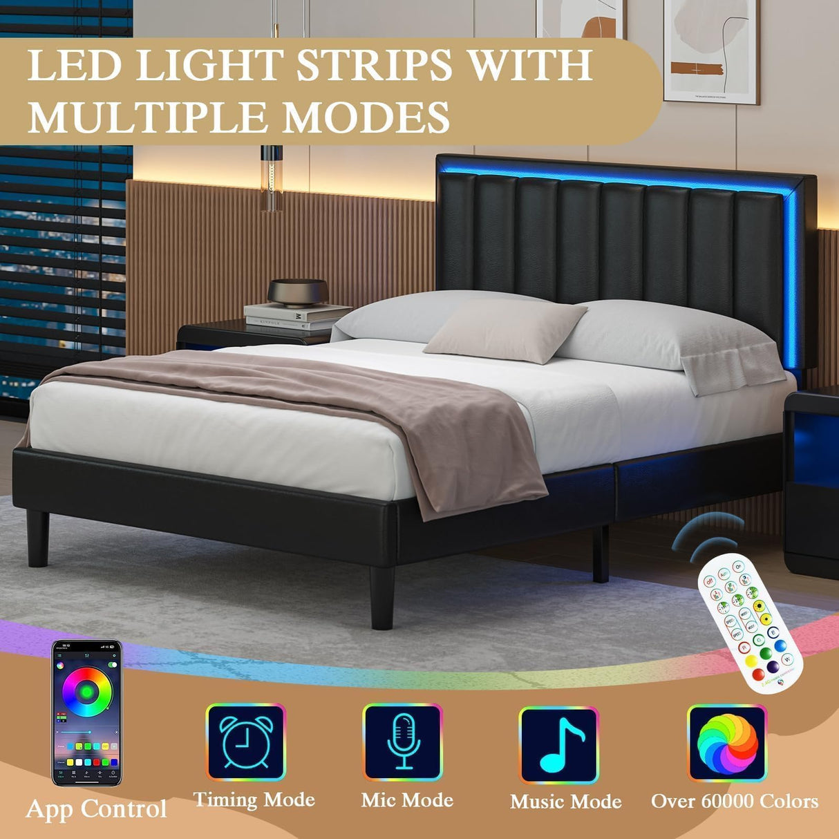 IMMERSTABLE Full Size Bed Frame with LED Lights, Full Bed Frame, Upholstered Bed Frame Full with Headboard, Heavy Duty Wood and Metal Slats Support, Noise-Free, No Box Spring Needed, Easy Assembly IMMERSTABLE