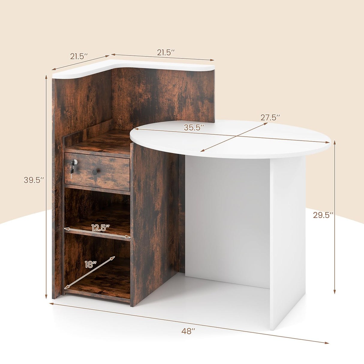 IFANNY Reception Desk, 48’’ Retail Counter w/Lockable Drawer & Storage Shelf, L-Shaped Reception Table, Wooden Computer Desk for Salon, Restaurant, Office (White & Rustic Brown) IFANNY