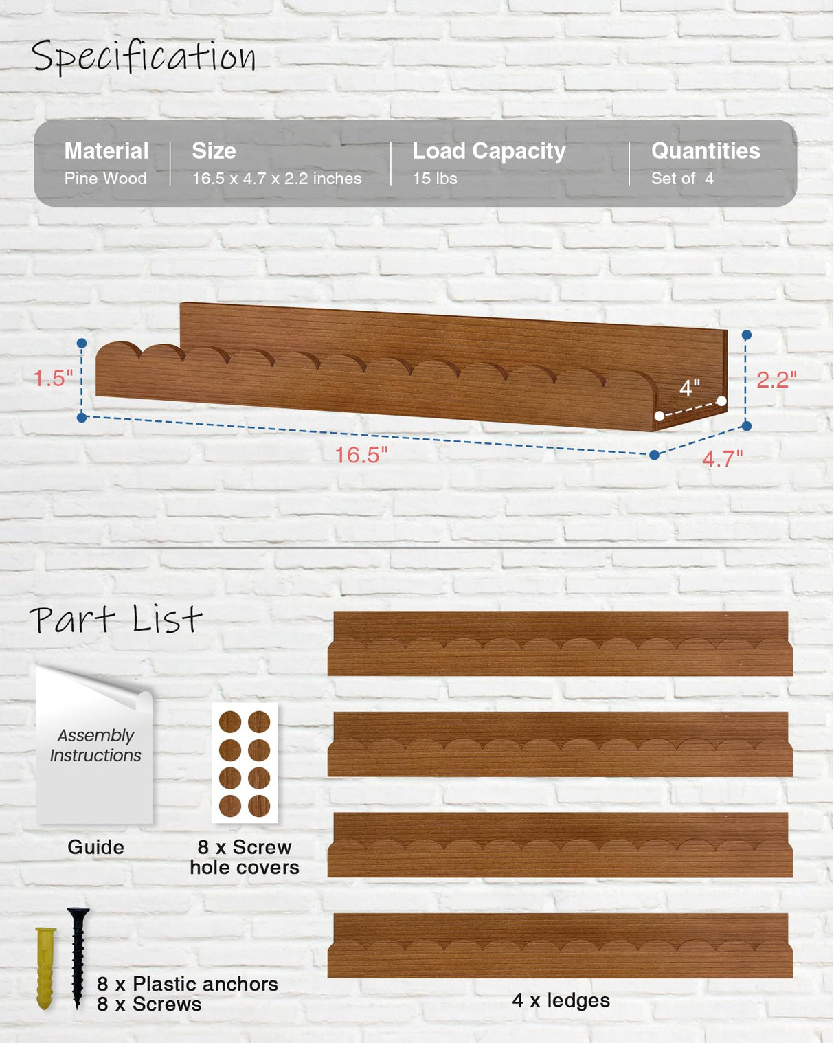 Harwaya Walnut Nursery Book Shelves Wall Set of 4, Dark Wood Scalloped Floating Bookshelf for Wall, Cloud Wooden Hanging Shelving Unit for Kids Bedroom Baby Child Toddler Room Kitchen (Walnut Brown) Harwaya