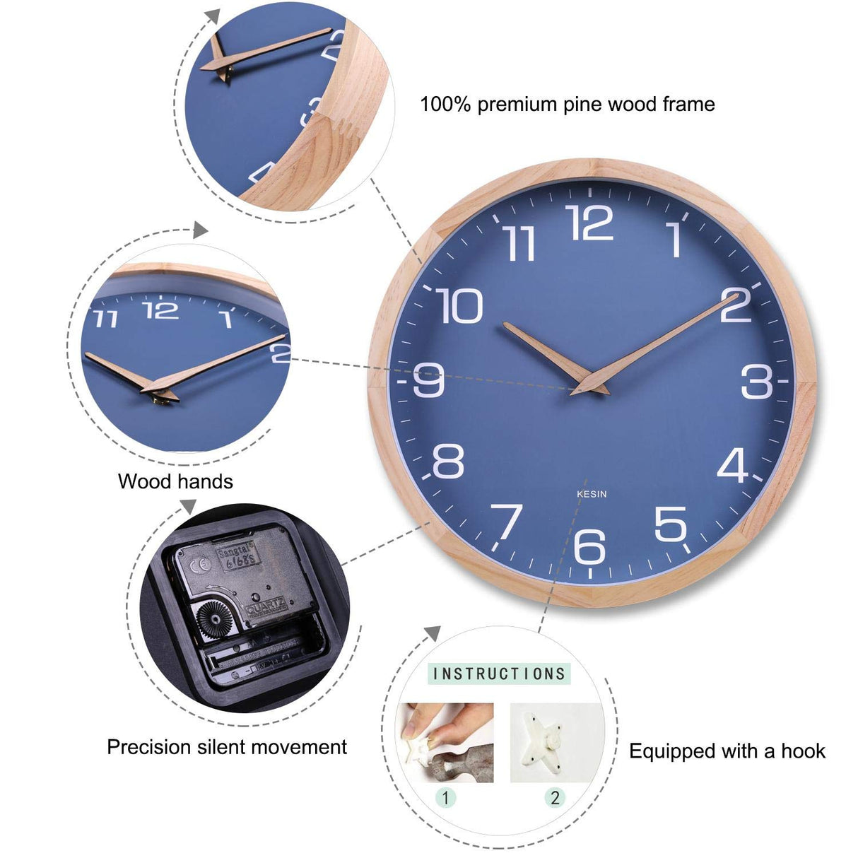 Kesin Wall Clock 12 Inch Silent Non Ticking Wood Wall Clocks Battery Operated - Wooden Blue Modern Simple Clock Decorative for Kitchen,Living Room,Bedroom,Kid’s Room Kesin