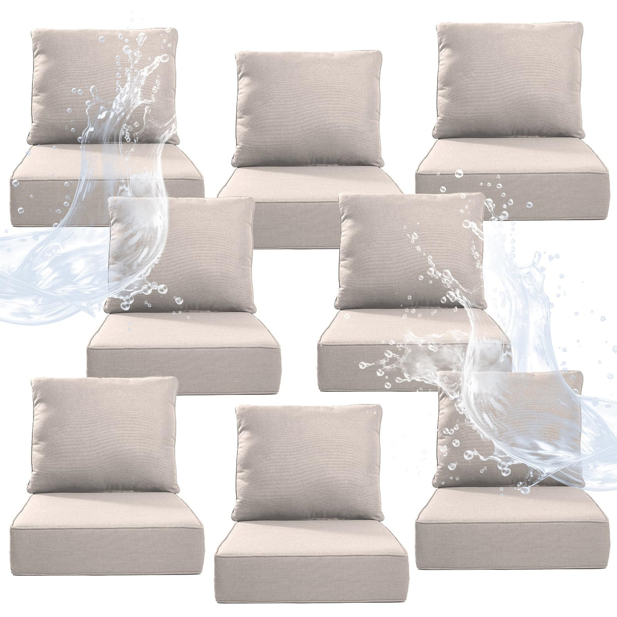 Artfurniz 6" Thicker Outdoor Chair Cushion 8 Sets - 24" *24" *6" Waterproof Patio Furniture Cushions with Removable Cover, 28D High Density Sponge Filling Thicken Outdoor Patio Cushions - Beige Artfurniz