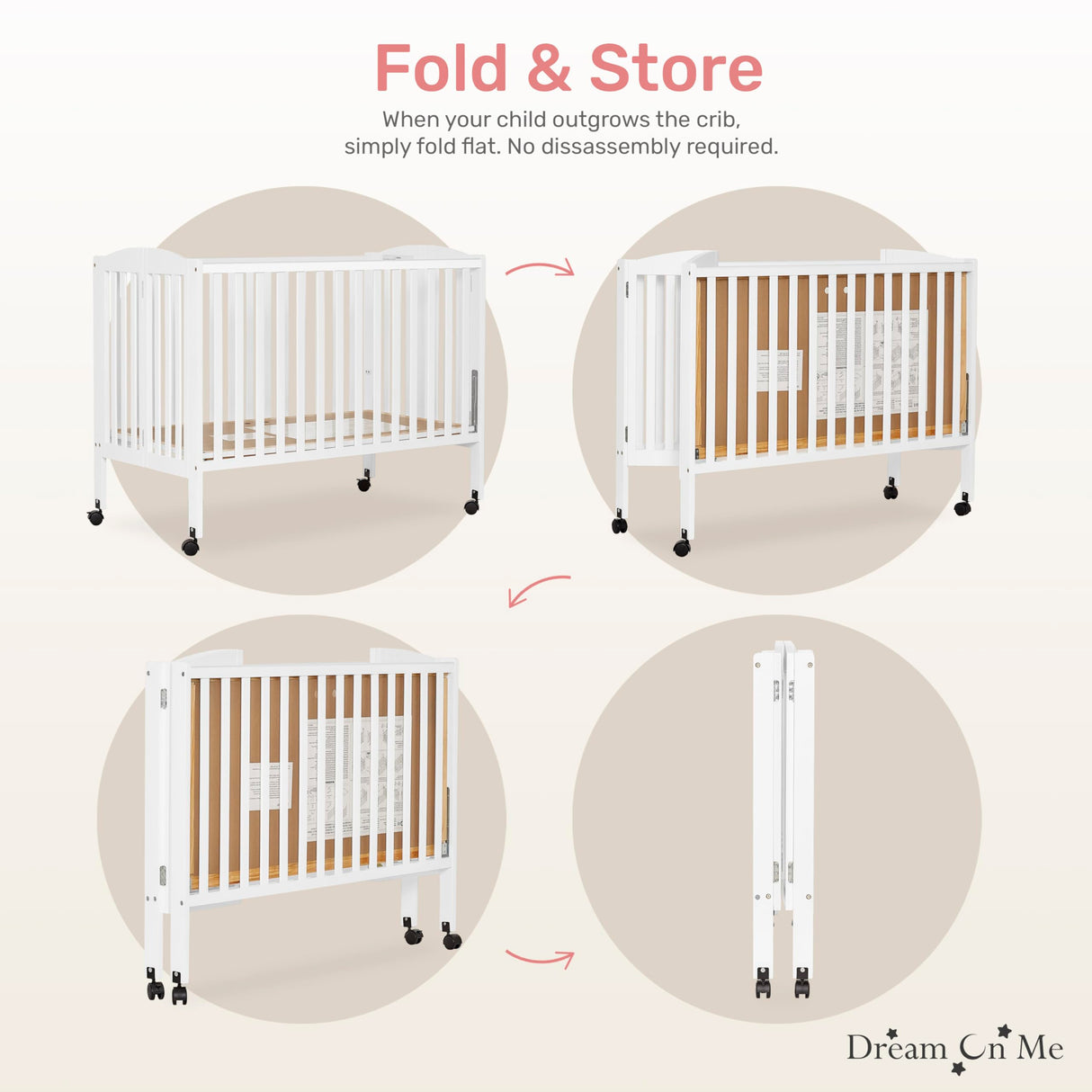 Dream On Me Full Size 2-in-1 Folding Stationary Side Crib In White, Locking Wheels, Folds Flat For Storage, Comes with Teething Guard, Non-Toxic Finish Dream On Me