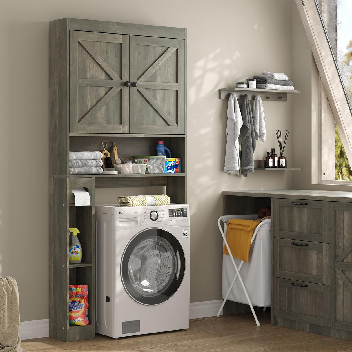furomate 32.3''W Over The Toilet Storage Cabinet with Barn Doors, Over Toilet Shelf Farmhouse Storage Cabinet Space Saver with Toilet Paper Holder & Adjustable Bottom Bar, Gray Furnideco