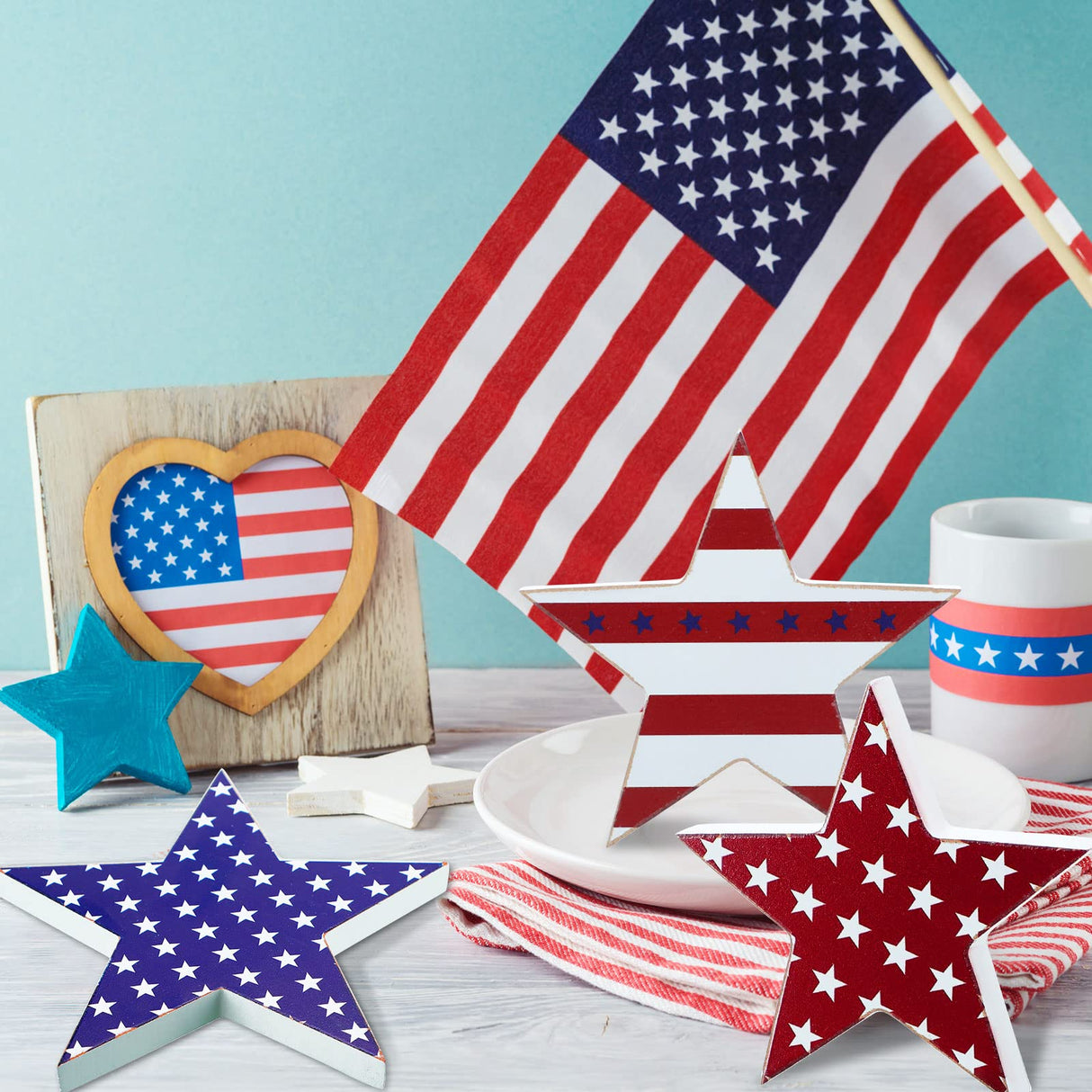 3 Pcs 4th of July table decorations Patriotic Wooden Star Centerpiece Sign Independence Day Tiered Tray Decor Memorial Day Tabletop Decorations for Home Festival Party Decor (Classic) Yulejo