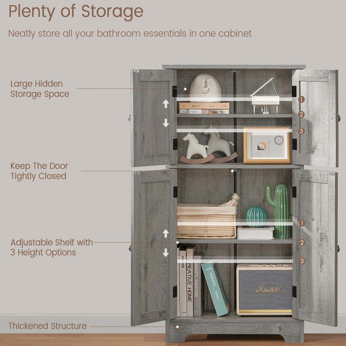TEENFON Bathroom Floor Storage Cabinet, Freestanding Bathroom Storage Unit with 2 Adjustable Shelves & 4 Doors, 11.8 x 23.6 x 42.7 Inches, Grey TEENFON