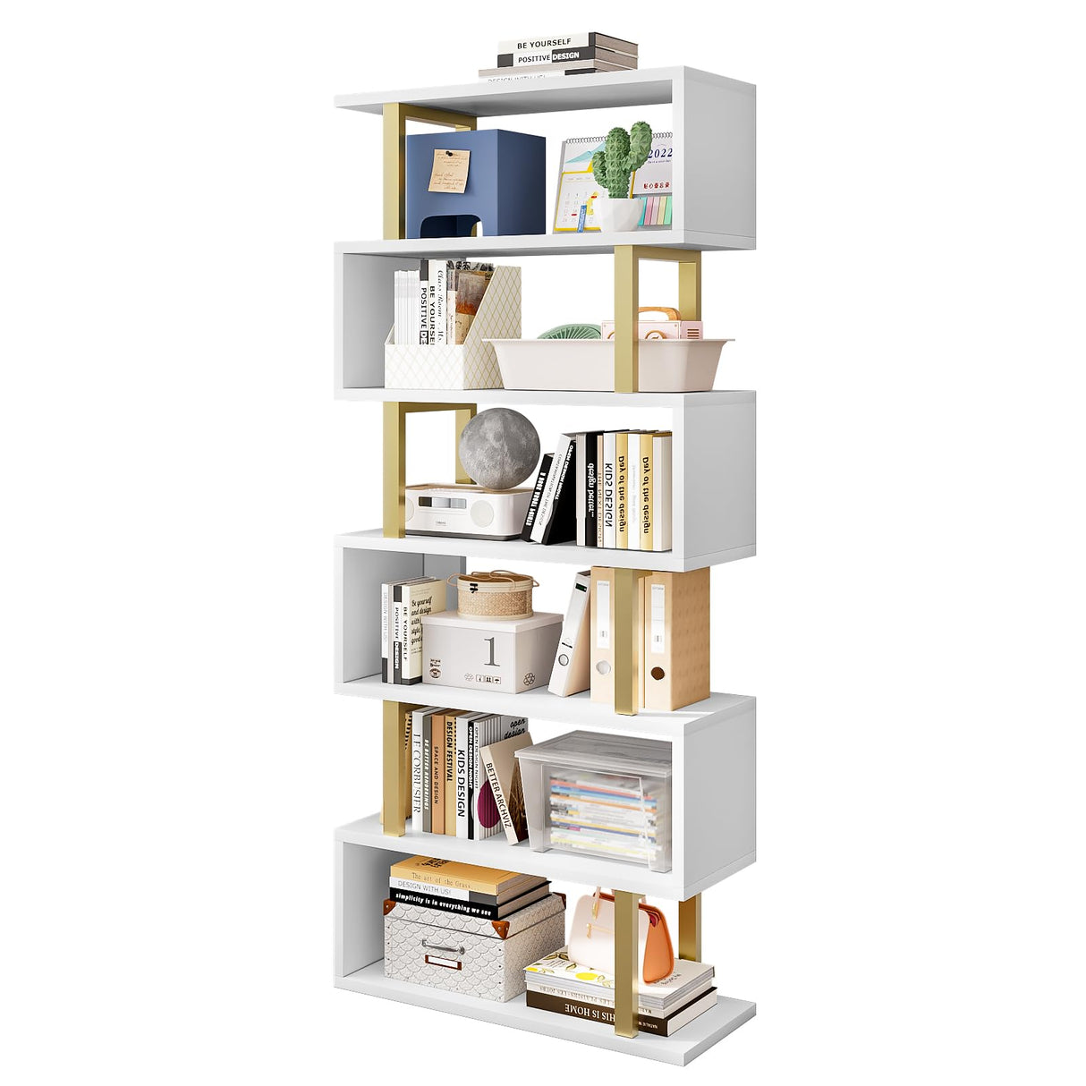 SORCEDAS Bookshelf Geometric Bookcase S Shaped Industrial Bookshelf Storage Display Stand Shelf for Living Room Bedroom and Office Room (White, 6 Tier) SORCEDAS