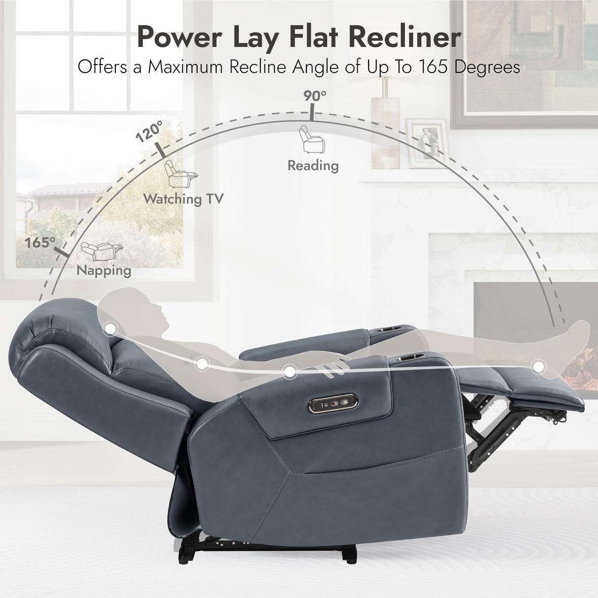 Watson & Whitely Genuine Leather Power Recliner Chairs for Adults, Lay Flat Recliner with Power Headrest, USB Ports and Cup Holders, Electric Reclining Sofa for Living Room, Bedroom, Navy Watson & Whitely