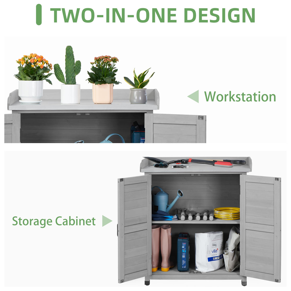 Potting Bench with Storage Cabinet and Metal Table Top for Outdoor Patio, Garden Furniture Wood Workstation (Classsic Grey, 31.5x17x39) Mederla