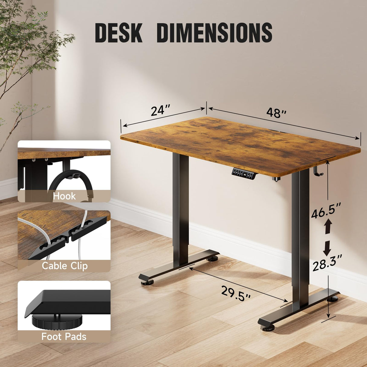 Veken 48 Inch Electric Standing Desk, Height Adjustable Sit Stand Up, Wood Desktop, Work Home Office Computer PC Table, Tall Standup Workstation, Gaming Writing Study Bedroom Rising Desks, Brown Veken