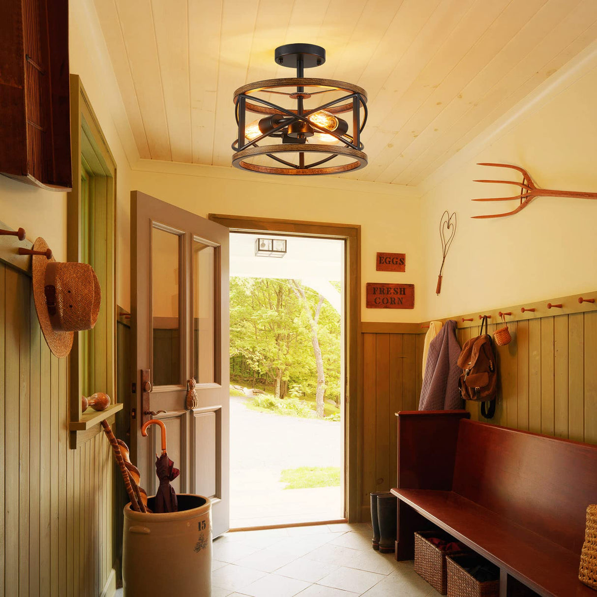 WUZUPS Chandelier 3-Light Imitation Wood Grain Vintage Farmhouse Industrial Semi-Flushmount Ceiling Light Lighting Fixture for Foyer Hallway Storage Room Kitchen Bathroom, H 9.4" W 12", Black WUZUPS