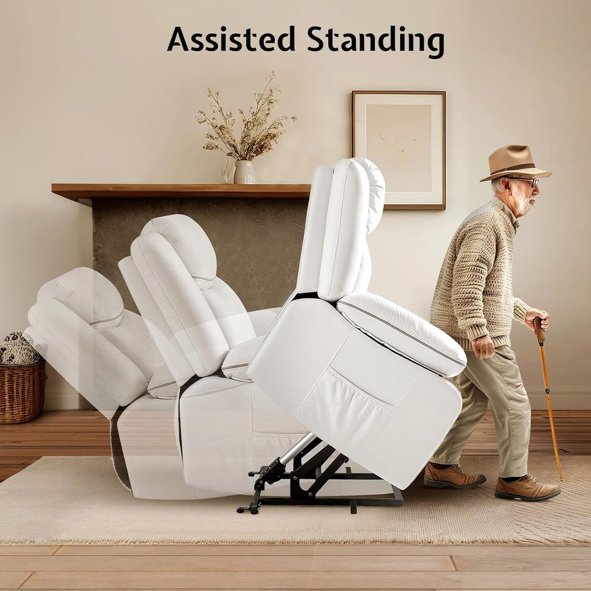 Jocisland Oversized Power Lift Recliner Chairs for Adults, Electric Lazy Boy Recliners for Elderly with USB Port, Large Lay Flat Reclining Sofa for Living Room Bedroom, Faux Leather, White Jocisland