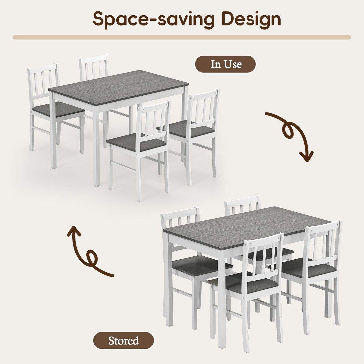 Buytime 5-Piece Dining Table Set for 4, Solid Wood Farmhouse Rectangular Kitchen Table Set with 4 Chairs, Space-Saving Wooden Dinette Set for Small Space, Dining Room, Breakfast Nook, Grey & White Buytime