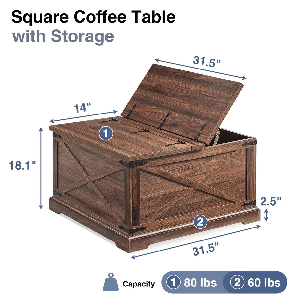 Barnyatoh Farmhouse Square Coffee Table with Storage, Wood Center Table with Hinged Lift Top, Rustic Cocktail Table with Large Hidden Storage Compartment for Living Room, Bedroom,Brown Barnyatoh