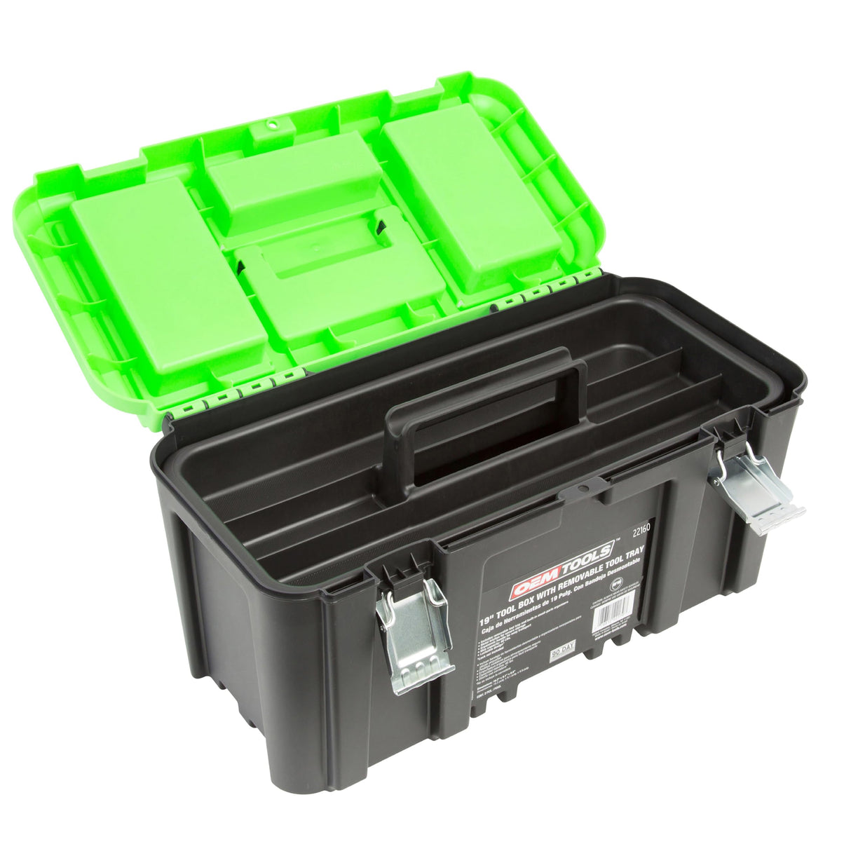 OEMTOOLS 22160 19" Toolbox with Removable Tray, Large Plastic Tool Box With Handle, Multiple Compartment Storage Case With Security Slot for Padlocks, 40 Lbs Maximum Weight OEMTOOLS