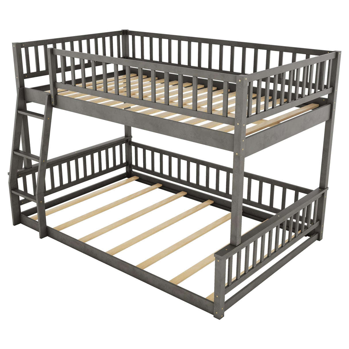 Full XL Over Queen Bunk Bed for Kids/Adults,Queen Size Floor Bunk Beds with Inclined Ladder,Solid Wood Low Bunk Bed,Detachable Bunk Beds for Teens,Girls,Boys(Gray) Bellemave