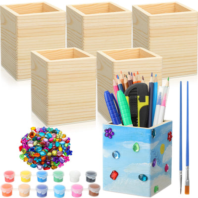 Blueweenly 6 Pcs Wood Pen Holder Unfinished Wooden Boxes, 2 Sets 12 Color Watercolor Paints and 1 Set Acrylic Stickers for DIY Crafts Birthday Party Favor Gift Supplies