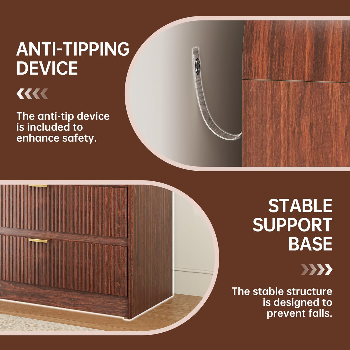 FURSUN Fluted 6 Drawers Dresser for Bedroom, 54" Wide Wooden Dresser with Metal Handle, Curved Profile Design, Modern Storage Organizer for Bedroom, Living Room, Hallway, Walnut FURSUN