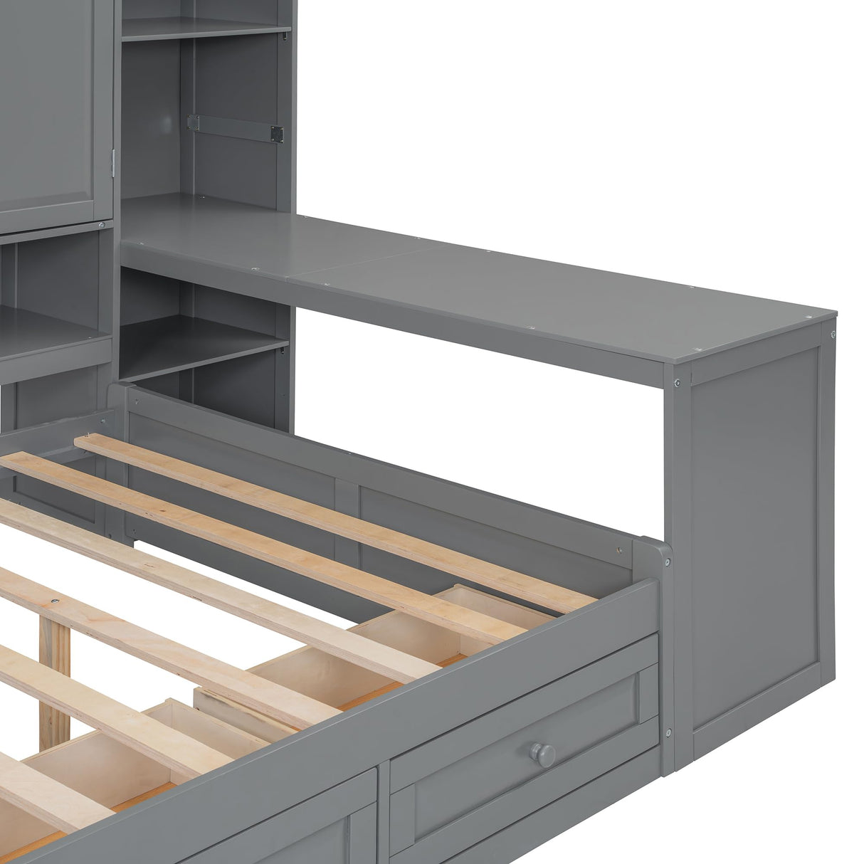 NCKMYB Queen Size Wall Murphy Bed with Desk & Storage, Space-Saving Fold-Down Bed with Shelves & Top Cabinet (Gray, Queen) NCKMYB